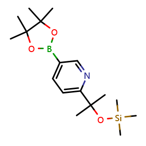 Chemical structure of 5-(4,4,5,5-Tetramethyl-1,3,2-dioxaborolan-2-yl)-2-(2-((trimethylsilyl)oxy)propan-2-yl)pyridine , CAS 1228014-10-5, AChemBlock H-8596