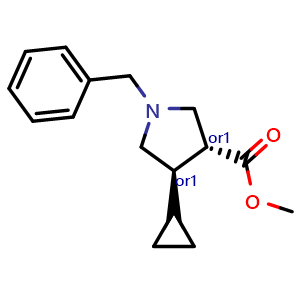 Chemical structure of trans-1-Benzyl-4-cyclopropylpyrrolidine-3-carboxylic acid methyl ester , CAS 913744-61-3, AChemBlock H-8651
