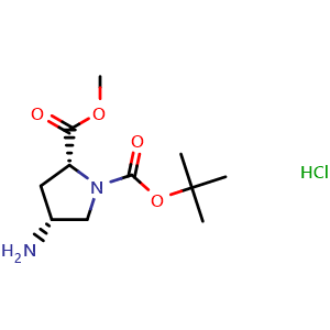 Chemical structure of (2R,4R)-4-amino-1-boc-pyrrolidine-2-carboxylic acid methyl ester-hcl , CAS 1217474-04-8, AChemBlock H-8946