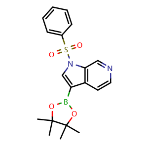 Chemical structure of 1-(phenylsulfonyl)-3-(4,4,5,5-tetramethyl-1,3,2-dioxaborolan-2-yl)-1H-pyrrolo[2,3-c]pyridine , CAS 1174038-65-3, AChemBlock I-9029