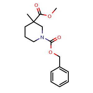 Chemical structure of Methyl 1-Cbz-3-methylpiperidine-3-carboxylate , CAS 174543-82-9, AChemBlock I-9120