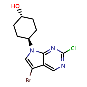 Chemical structure of 5-Bromo-7-[trans-4-hydroxycyclohexyl]-2-chloro-7H-pyrrolo[2,3-d]pyrimidine , CAS 1630906-40-9, AChemBlock I-9146