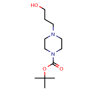Chemical structure of tert-Butyl 4-(3-hydroxypropyl)piperazine-1-carboxylate , CAS 132710-90-8, AChemBlock I-9150