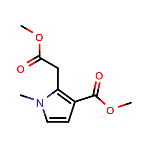 Chemical structure of Methyl 3-(methoxycarbonyl)-1-methyl-1H-Pyrrole-2-acetate , CAS 871819-39-5, AChemBlock I-9238
