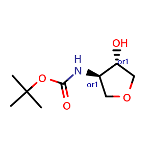 Chemical structure of trans-3-N-Boc-3-amino-4-hydroxy-tetrahydrofuran , CAS 1430230-65-1, AChemBlock I-9266