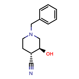 Chemical structure of trans-1-Benzyl-3-hydroxy-4-piperidinecarbonitrile , CAS 1013333-20-4, AChemBlock I-9359