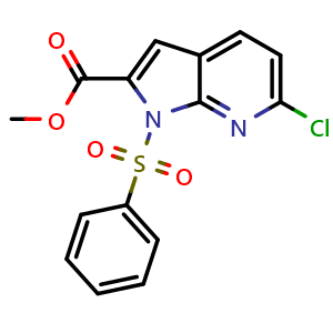 Chemical structure of Methyl 1-(benzenesulfonyl)-6-chloro-1H-pyrrolo[2,3-b]pyridine-2-carboxylate , CAS 1630907-18-4, AChemBlock I-9381