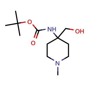 Chemical structure of tert-butyl (4-(hydroxymethyl)-1-methylpiperidin-4-yl)carbamate , CAS 1630906-32-9, AChemBlock I-9398