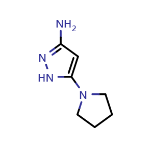Chemical structure of 5-(pyrrolidin-1-yl)-1H-pyrazol-3-amine , CAS 687999-84-4, AChemBlock I-9480