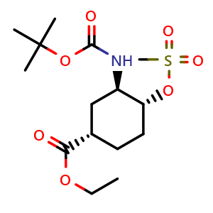 Chemical structure of ethyl (1S,3R,4R)-3-((tert-butoxycarbonyl)amino)-4-((methylsulfonyl)oxy)cyclohexane-1-carboxylate , CAS 365997-36-0, AChemBlock I-9509