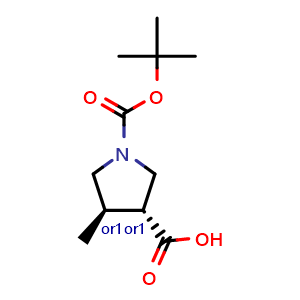 Chemical structure of rel-(3R,4R)-1-(tert-butoxycarbonyl)-4-methylpyrrolidine-3-carboxylic acid , CAS 1253791-53-5, AChemBlock I-9575