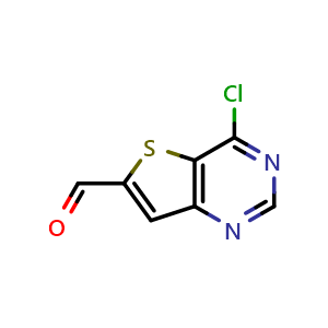 Chemical structure of 4-Chlorothieno[3,2-d]pyrimidine-6-carbaldehyde , CAS 875340-14-0, AChemBlock I-9594