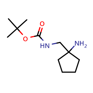 Chemical structure of tert-Butyl N-[(1-aminocyclopentyl)methyl]carbamate , CAS 1311318-21-4, AChemBlock I-9607