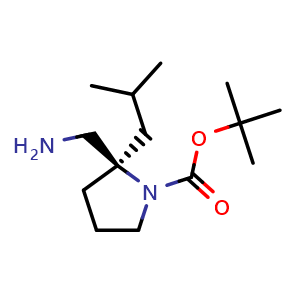 Chemical structure of tert-Butyl (2R)-2-(aminomethyl)-2-(2-methylpropyl)pyrrolidine-1-carboxylate , CAS 1630815-58-5, AChemBlock I-9697