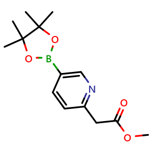 Chemical structure of methyl 2-(5-(4,4,5,5-tetramethyl-1,3,2-dioxaborolan-2-yl)pyridin-2-yl)acetate , CAS 1428761-14-1, AChemBlock I-9806