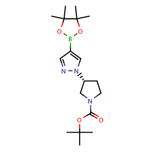 Chemical structure of tert-Butyl (3R)-3-[4-(tetramethyl-1,3,2-dioxaborolan-2-yl)-1H-pyrazol-1-yl]pyrrolidine-1-carboxylate , CAS 1175273-52-5, AChemBlock I-9909