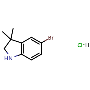 Chemical structure of 5-Bromo-3,3-dimethyl-2,3-dihydro-1H-indole hydrochloride , CAS 866364-71-8, AChemBlock I-9920