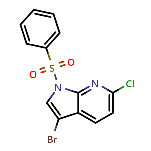 Chemical structure of 1-(Benzenesulfonyl)-3-bromo-6-chloro-1H-pyrrolo[2,3-b]pyridine , CAS 1638761-42-8, AChemBlock I-9977