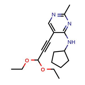 Chemical structure of Cyclopentyl-[5-(3,3-diethoxy-prop-1-ynyl)-2-methyl-pyrimidin-4-yl]-amine , CAS 1211442-87-3, AChemBlock K12004