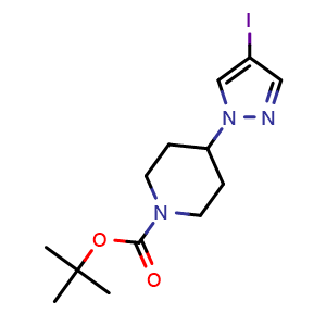 Chemical structure of 1-(1-Boc-4-piperidinyl)-4-iodopyrazole , CAS 877399-73-0, AChemBlock K12015