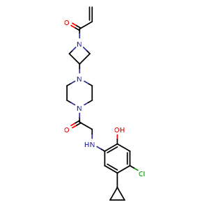 Chemical structure of 1-(3-(4-((4-chloro-5-cyclopropyl-2-hydroxyphenyl)glycyl)piperazin-1-yl)azetidin-1-yl)prop-2-en-1-one , CAS 1629267-75-9, AChemBlock K12022