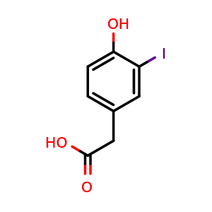 Chemical structure of 2-(4-Hydroxy-3-iodophenyl)acetic acid , CAS 19039-15-7, AChemBlock K12031