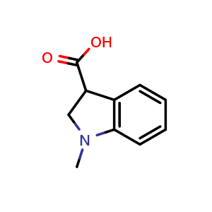 Chemical structure of 1-Methyl-2,3-dihydro-1H-indole-3-carboxylic acid , CAS 933755-01-2, AChemBlock K12061