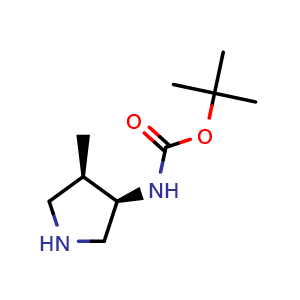 Chemical structure of (3R,4R)-3-(Boc-amino)-4-methylpyrrolidine , CAS 127199-55-7, AChemBlock K12215