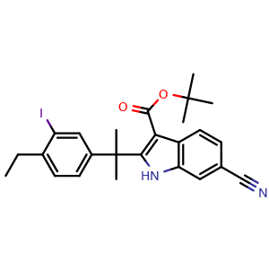 Chemical structure of tert-Butyl 6-cyano-2-(2-(4-ethyl-3-iodophenyl)propan-2-yl)-1H-indole-3-carboxylate , CAS 1256584-75-4, AChemBlock K12244