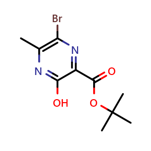 Chemical structure of 6-Bromo-3-hydroxy-5-methyl-pyrazine-2-carboxylic acid tert-butyl ester , CAS 2167895-03-4, AChemBlock K12281