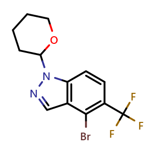 Chemical structure of 4-Bromo-1-(tetrahydro-pyran-2-yl)-5-trifluoromethyl-1H-indazole , CAS 2044704-81-4, AChemBlock K12304