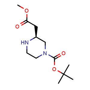 Chemical structure of (S)-3-methoxycarbonylmethyl-piperazine-1-carboxylic acid tert-butyl ester , CAS 1217810-25-7, AChemBlock K12324