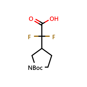Chemical structure of 3-(Carboxy-difluoro-methyl)-pyrrolidine-1-carboxylic acid tert-butyl ester , CAS 1784795-35-2, AChemBlock K12374