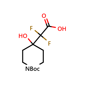 Chemical structure of 4-(Carboxy-difluoro-methyl)-4-hydroxy-piperidine-1-carboxylic acid tert-butyl ester , CAS 1258638-73-1, AChemBlock K12383