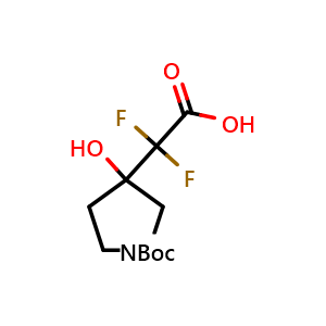 Chemical structure of 3-(Carboxy-difluoro-methyl)-3-hydroxy-pyrrolidine-1-carboxylic acid tert-butyl ester , CAS 1780822-41-4, AChemBlock K12384