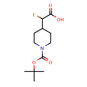 Chemical structure of 4-(Carboxy-fluoro-methyl)-piperidine-1-carboxylic acid tert-butyl ester , CAS 1784989-48-5, AChemBlock K12412