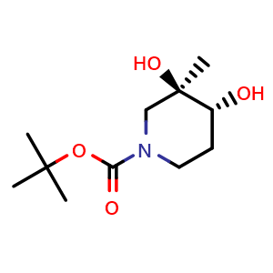 Chemical structure of Cis-3,4-Dihydroxy-3-methyl-piperidine-1-carboxylic acid tert-butyl ester , CAS 2173637-44-8, AChemBlock K12449