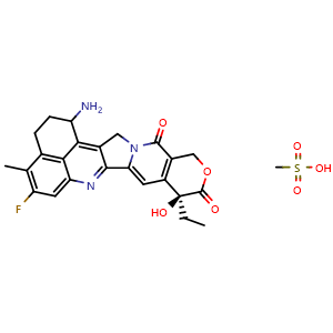 Chemical structure of (9S)-1-amino-9-ethyl-5-fluoro-9-hydroxy-4-methyl-1,2,3,9,12,15-hexahydro-10H,13H-benzo[de]pyrano[3',4':6,7]indolizino[1,2-b]quinoline-10,13-dione mesylate , CAS 367452-97-9, AChemBlock K13401