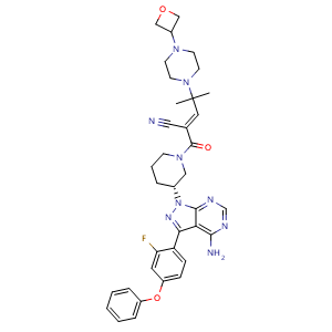 Chemical structure of (R,E)-2-(3-(4-amino-3-(2-fluoro-4-phenoxyphenyl)-1H-pyrazolo[3,4-d]pyrimidin-1-yl)piperidine-1-carbonyl)-4-methyl-4-(4-(oxetan-3-yl)piperazin-1-yl)pent-2-enenitrile , CAS 1575596-29-0, AChemBlock K13418