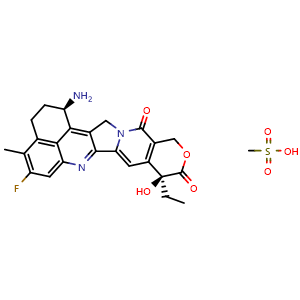 Chemical structure of (1R,9S)-1-amino-9-ethyl-5-fluoro-9-hydroxy-4-methyl-1,2,3,9,12,15-hexahydro-10H,13H-benzo[de]pyrano[3',4':6,7]indolizino[1,2-b]quinoline-10,13-dione methanesulfonate , CAS 2231666-58-1, AChemBlock K13427