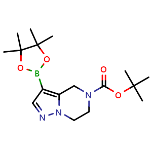 Chemical structure of tert-butyl 3-(4,4,5,5-tetramethyl-1,3,2-dioxaborolan-2-yl)-6,7-dihydropyrazolo[1,5-a]pyrazine-5(4H)-carboxylate , CAS 1798843-08-9, AChemBlock K13437