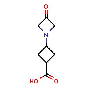 Chemical structure of 3-(3-oxoazetidin-1-yl)cyclobutane-1-carboxylic acid , CAS 2231674-61-4, AChemBlock K13444
