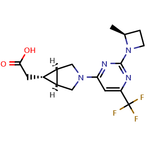 Chemical structure of 2-((1R,5S,6R)-3-(2-((S)-2-methylazetidin-1-yl)-6-(trifluoromethyl)pyrimidin-4-yl)-3-azabicyclo[3.1.0]hexan-6-yl)acetic acid , CAS 2102501-84-6, AChemBlock K16104