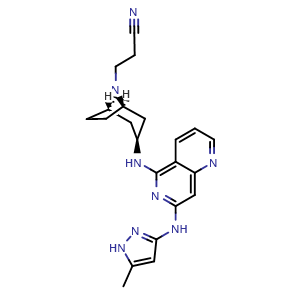 Chemical structure of 3-((1R,3S,5S)-3-((7-((5-Methyl-1H-pyrazol-3-yl)amino)-1,6-naphthyridin-5-yl)amino)-8-azabicyclo[3.2.1]octan-8-yl)propanenitrile , CAS 2051918-33-1, AChemBlock K16151