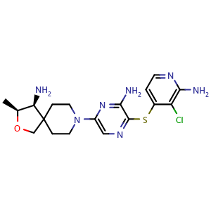 Chemical structure of (3S,4S)-8-(6-amino-5-((2-amino-3-chloropyridin-4-yl)thio)pyrazin-2-yl)-3-methyl-2-oxa-8-azaspiro[4.5]decan-4-amine , CAS 1801765-04-7, AChemBlock K16264