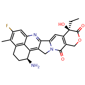 Chemical structure of (1S,9R)-1-amino-9-ethyl-5-fluoro-9-hydroxy-4-methyl-1,2,3,9,12,15-hexahydro-10H,13H-benzo[de]pyrano[3',4':6,7]indolizino[1,2-b]quinoline-10,13-dione , CAS 2489613-17-2, AChemBlock K16282