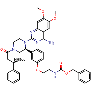 Chemical structure of benzyl (2-(3-((S)-1-(4-amino-6,7-dimethoxyquinazolin-2-yl)-4-((R)-3-((tert-butoxycarbonyl)amino)-3-phenylpropanoyl)piperazin-2-yl)phenoxy)ethyl)carbamate , CAS 1644670-78-9, AChemBlock K16300