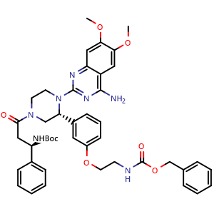 Chemical structure of benzyl (2-(3-((R)-1-(4-amino-6,7-dimethoxyquinazolin-2-yl)-4-((R)-3-((tert-butoxycarbonyl)amino)-3-phenylpropanoyl)piperazin-2-yl)phenoxy)ethyl)carbamate , CAS 1644670-77-8, AChemBlock K16301