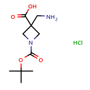 Chemical structure of 3-(Aminomethyl)-1-[(tert-butoxy)carbonyl]azetidine-3-carboxylic acid hydrochloride , CAS 1788041-46-2, AChemBlock L13031