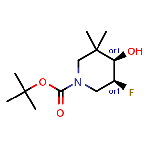 Chemical structure of cis-3-Fluoro-4-hydroxy-5,5-dimethylpiperidine-1-carboxylic acid tert-butyl ester , CAS 1612176-00-7, AChemBlock L13145